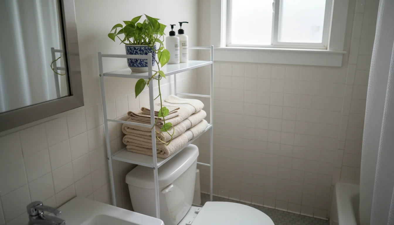 A small bathroom featuring an over-the-toilet shelving unit holding towels and a plant, with a partially open wall-mounted cabinet.