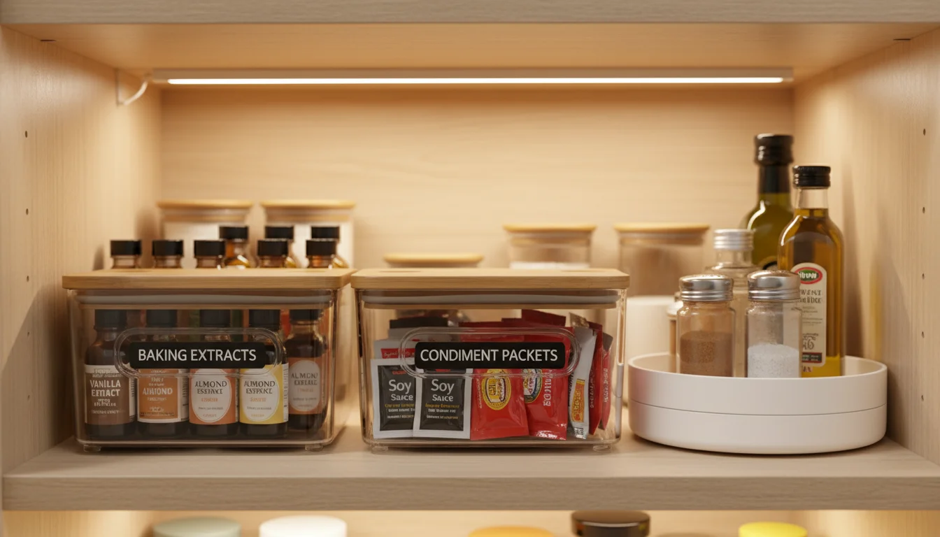 Small clear bins on a pantry shelf holding baking extracts and condiment packets, with a spice turntable nearby.