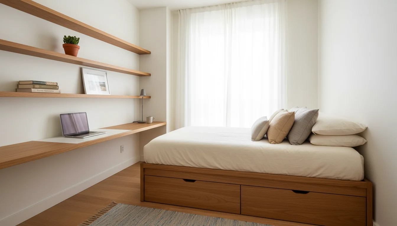 A small, bright bedroom showcasing clever storage: a bed with built-in drawers, floating wall shelves, and a tall dresser. A woman adjusts a book.