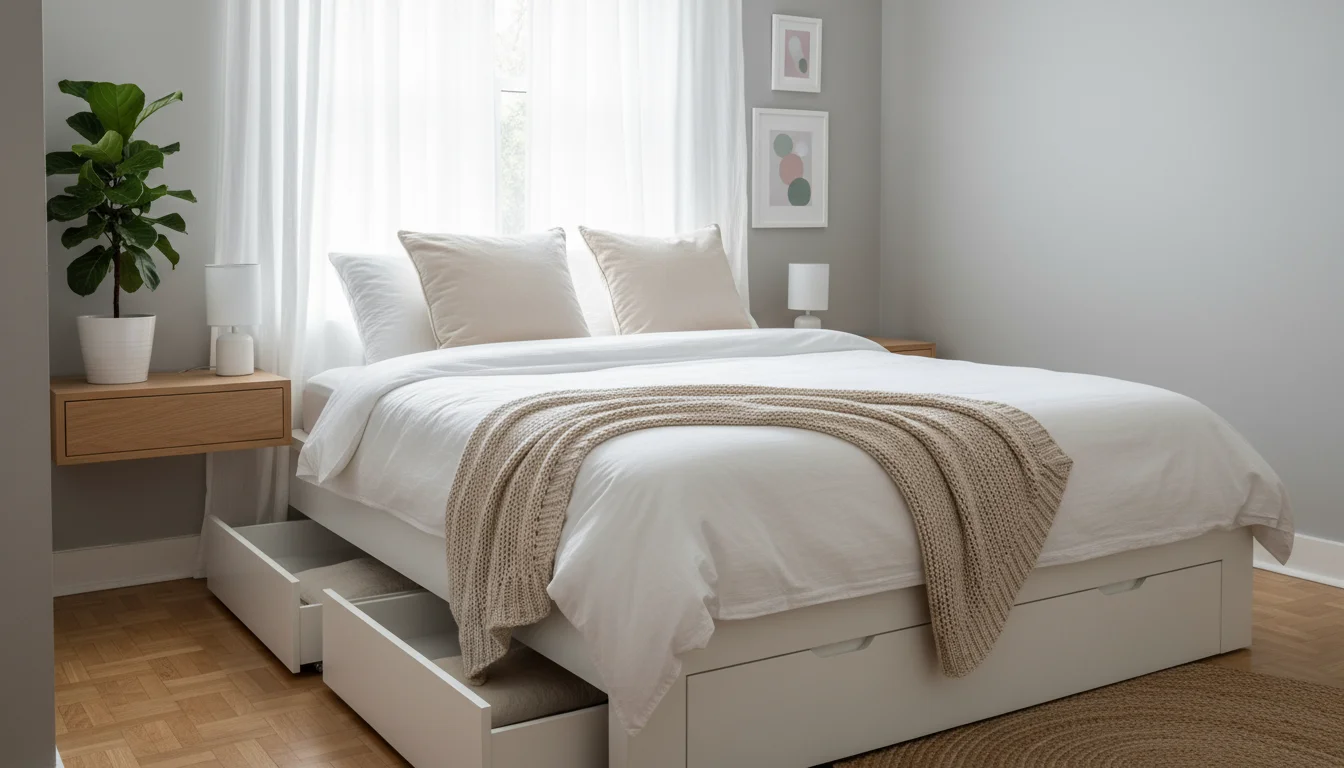A small, bright bedroom featuring a white platform bed with storage, a floating nightstand, wall shelves, and sheer white curtains.