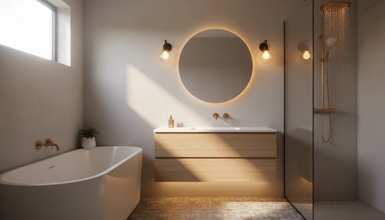 A small, brightly lit bathroom vanity area, featuring natural light from a window, two sconces by the mirror, and an LED strip under the floating vani