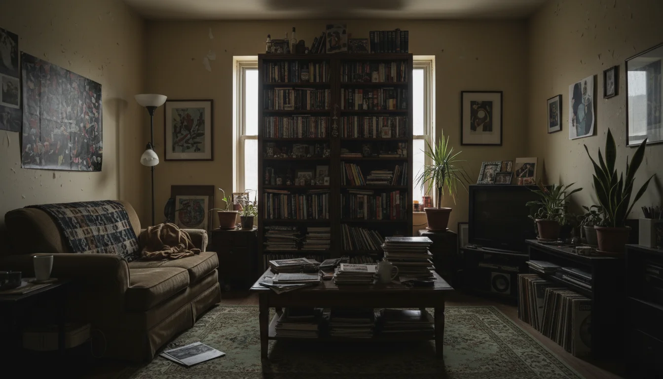 A small, cluttered living room with a tall, dark bookshelf blocking most of the natural light from a window, making the room feel cramped.