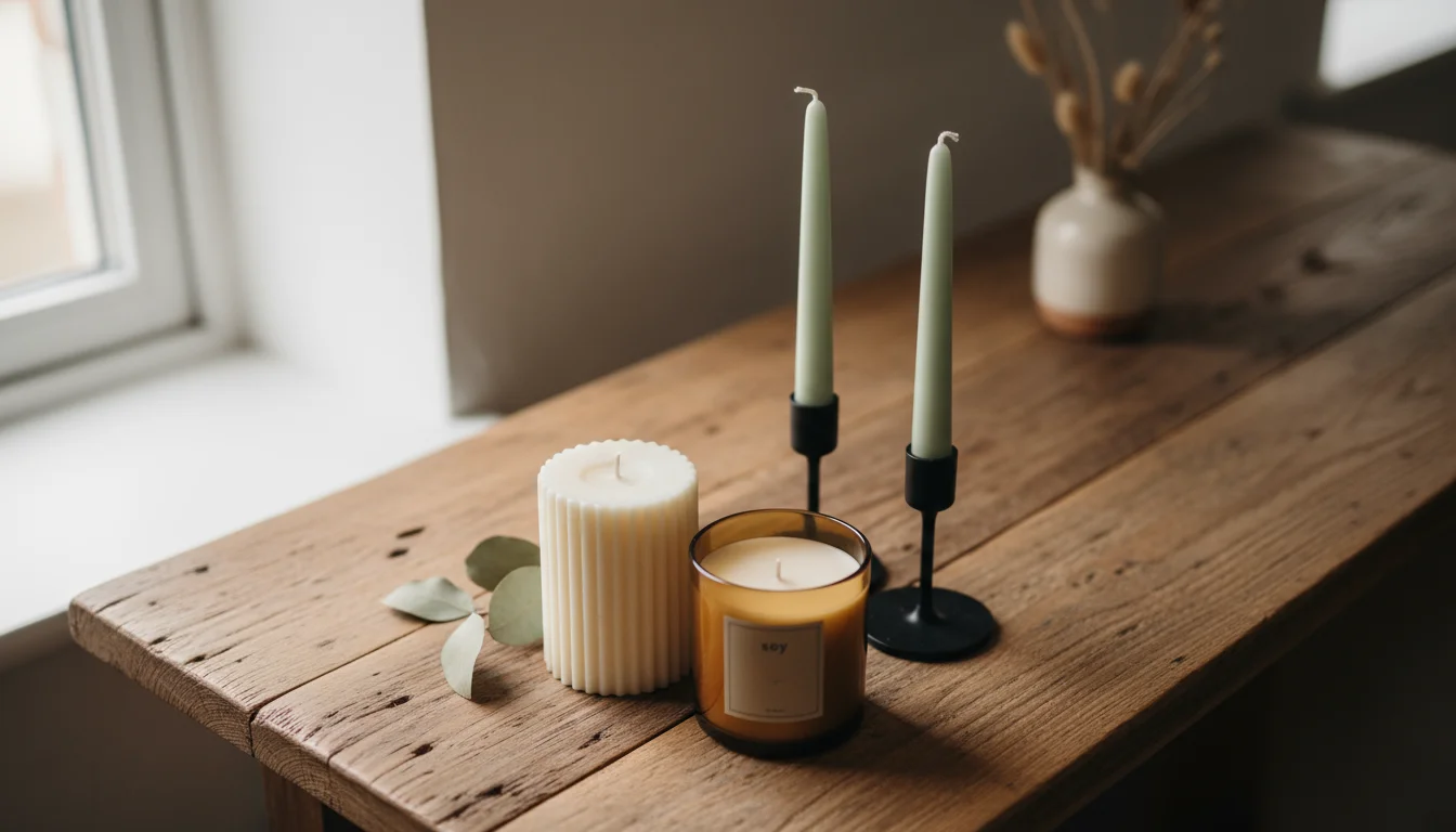 A small collection of unlit candles: a cream pillar, an amber jar candle, and two green taper candles on a wooden table.