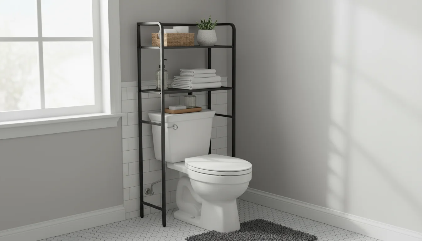 A small, cozy bathroom corner with an organized over-the-toilet shelving unit holding towels, a plant, and toiletries in affordable containers.