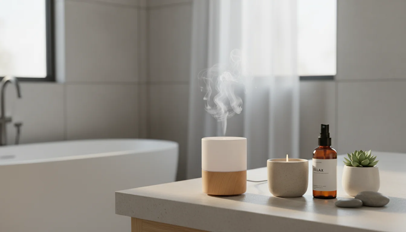 A small essential oil diffuser gently mists on a clean bathroom counter, beside a neutral-toned soy candle and an amber glass room spray bottle.