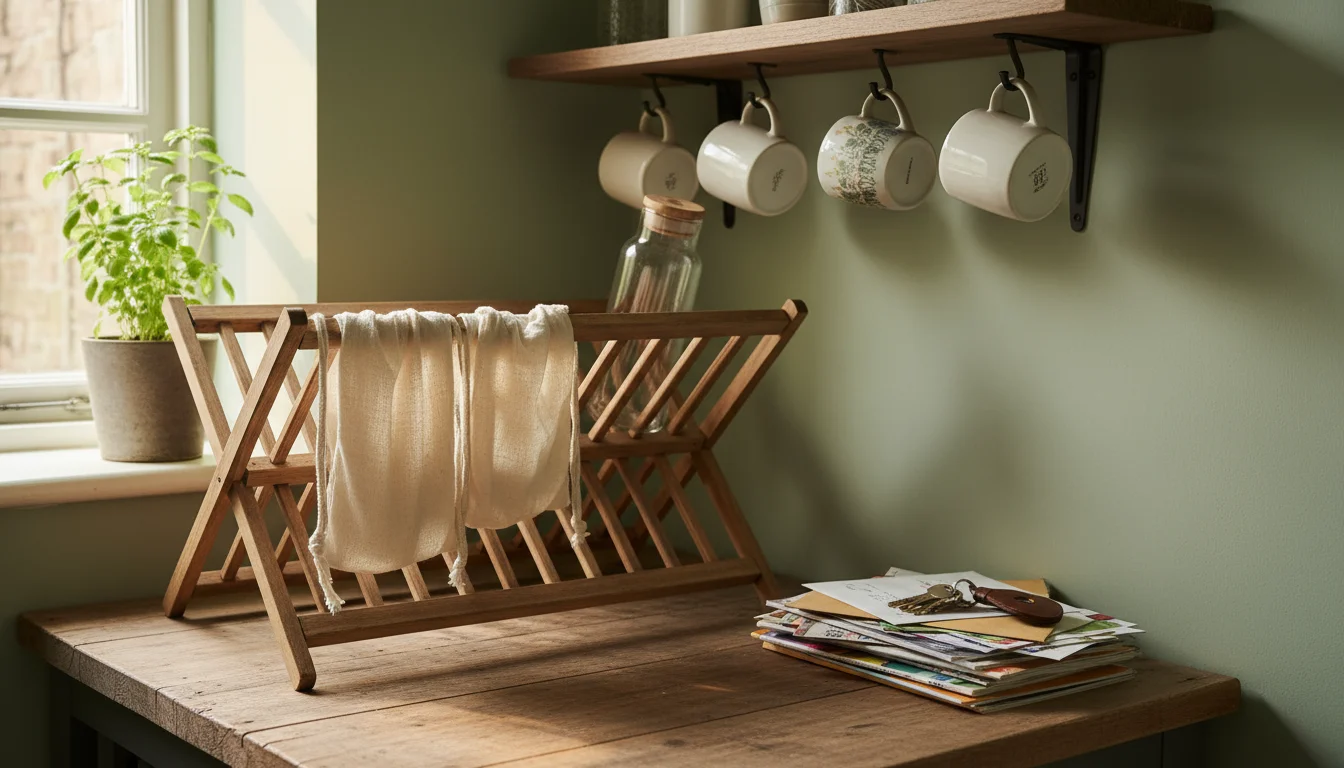 A small kitchen drying rack holds reusable cloth produce bags and a glass water bottle. Mail and keys sit on a shelf nearby.