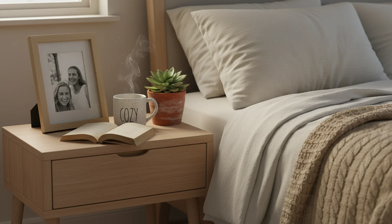 A small, light-wood nightstand with a framed photo, steaming mug, book, and plant next to a neatly made bed.