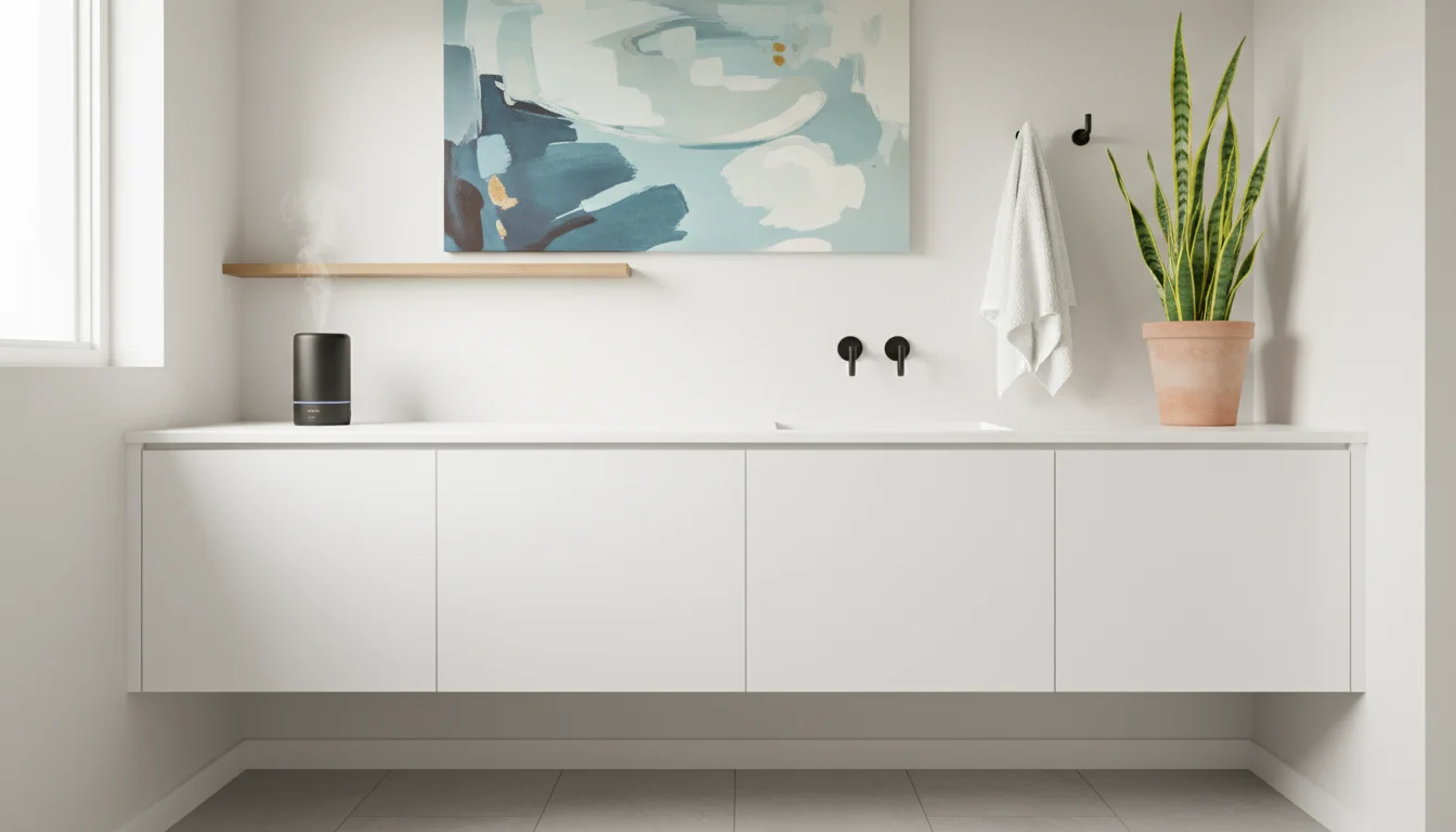 A small, minimalist bathroom. Large abstract art above a white floating vanity, with sleek black hooks holding a white towel. A snake plant on a high 