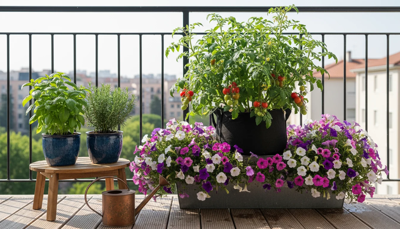 A small, organized apartment balcony garden featuring a cherry tomato plant, cascading petunias, and herbs in various pots.