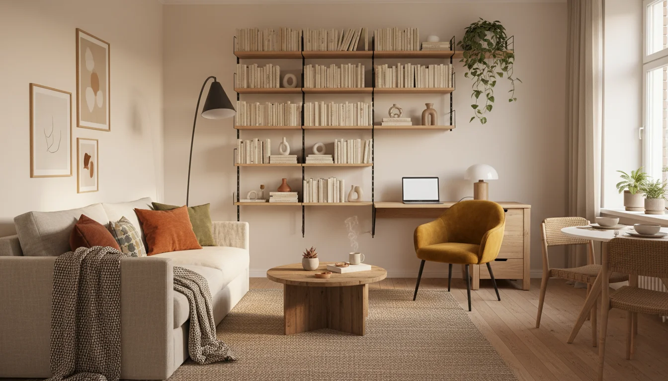 A small, organized apartment living area featuring a wall-mounted shelf, a partially extended console table with a chair, and a compact sofa with stor