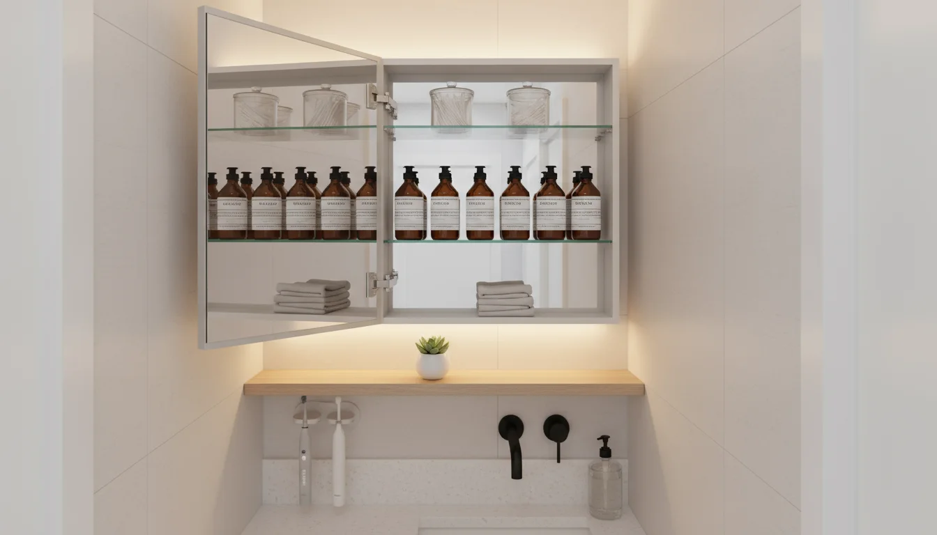 View of a small, organized bathroom corner with an open mirrored medicine cabinet, a floating shelf, and a wall-mounted toothbrush holder. The counter