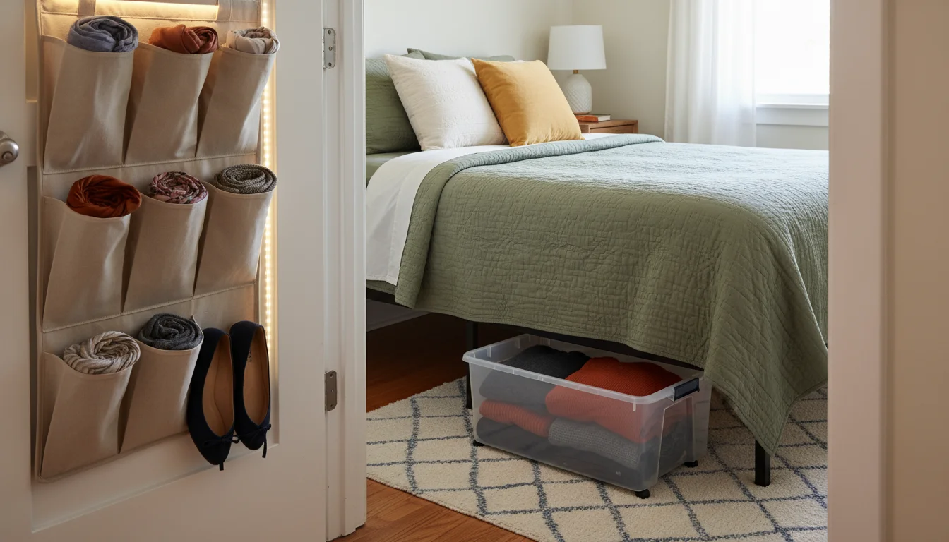 A small, organized bedroom featuring a partially open closet door with an over-the-door organizer, under-bed storage, and a wall hook holding a robe.