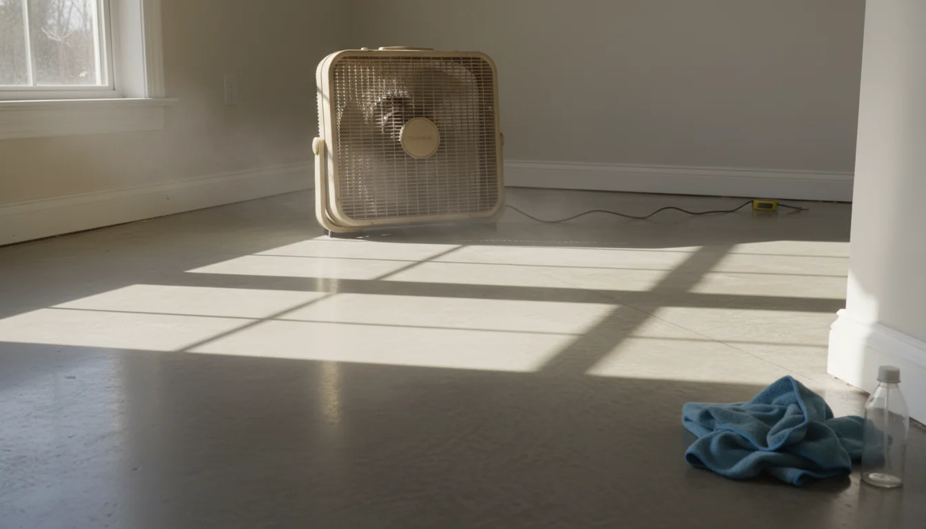 A small, oscillating box fan blows air across a clean kitchen floor being prepped for peel-and-stick tiles.
