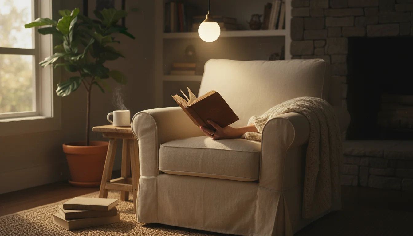 A small pendant light illuminates a cozy armchair where a person is reading a book, with a mug on a side table.
