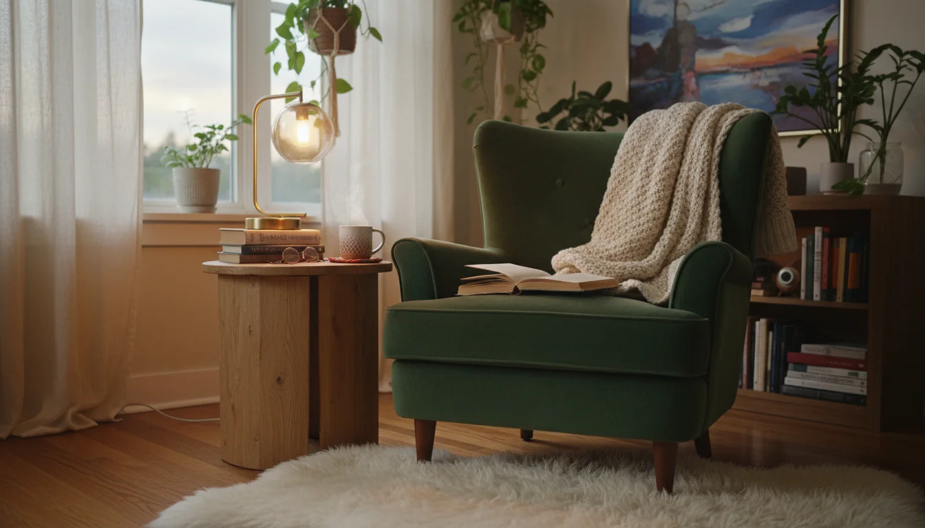 A small, stylish table lamp casts a warm, focused glow on books and a mug on a wooden side table in a cozy, dim reading nook with an armchair.