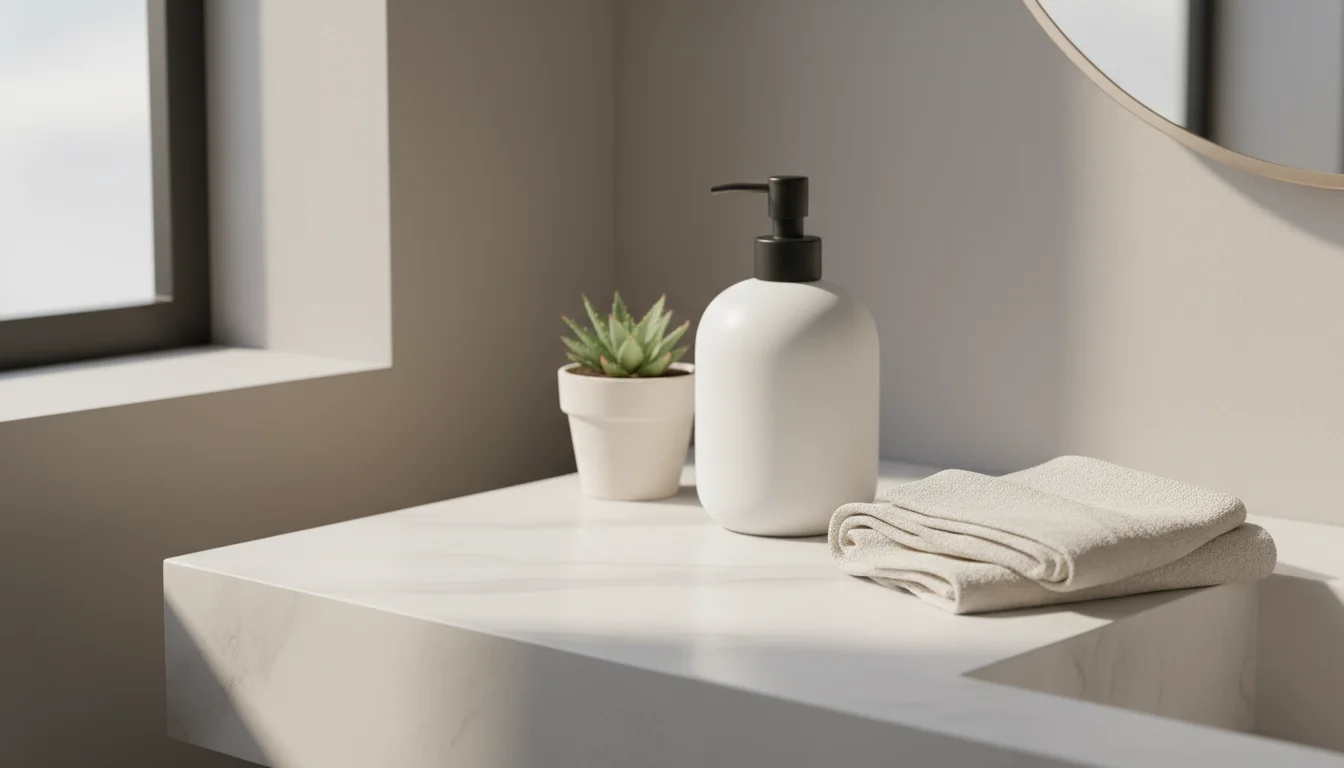 Close-up of a small, tidy bathroom counter with a ceramic soap dispenser, a small plant, and a folded white towel.