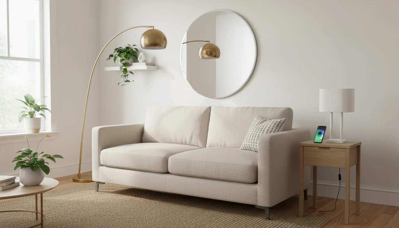 A small, well-lit living room with a tall arc lamp, round wall mirror reflecting light, and a table lamp on a side table by a sofa, making the space f