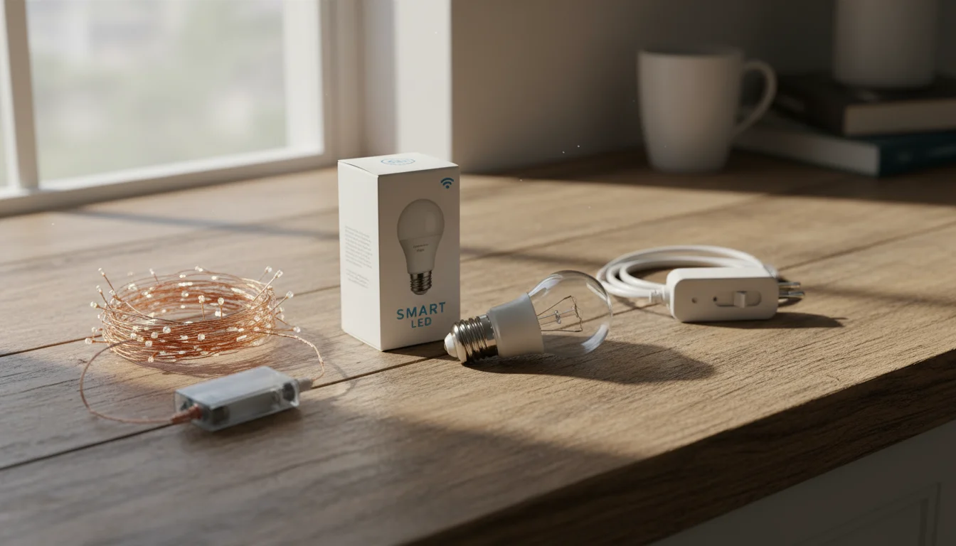 A close-up of smart and dimmable light bulbs, a plug-in dimmer, fairy lights, and a notebook with notes on a wooden counter.