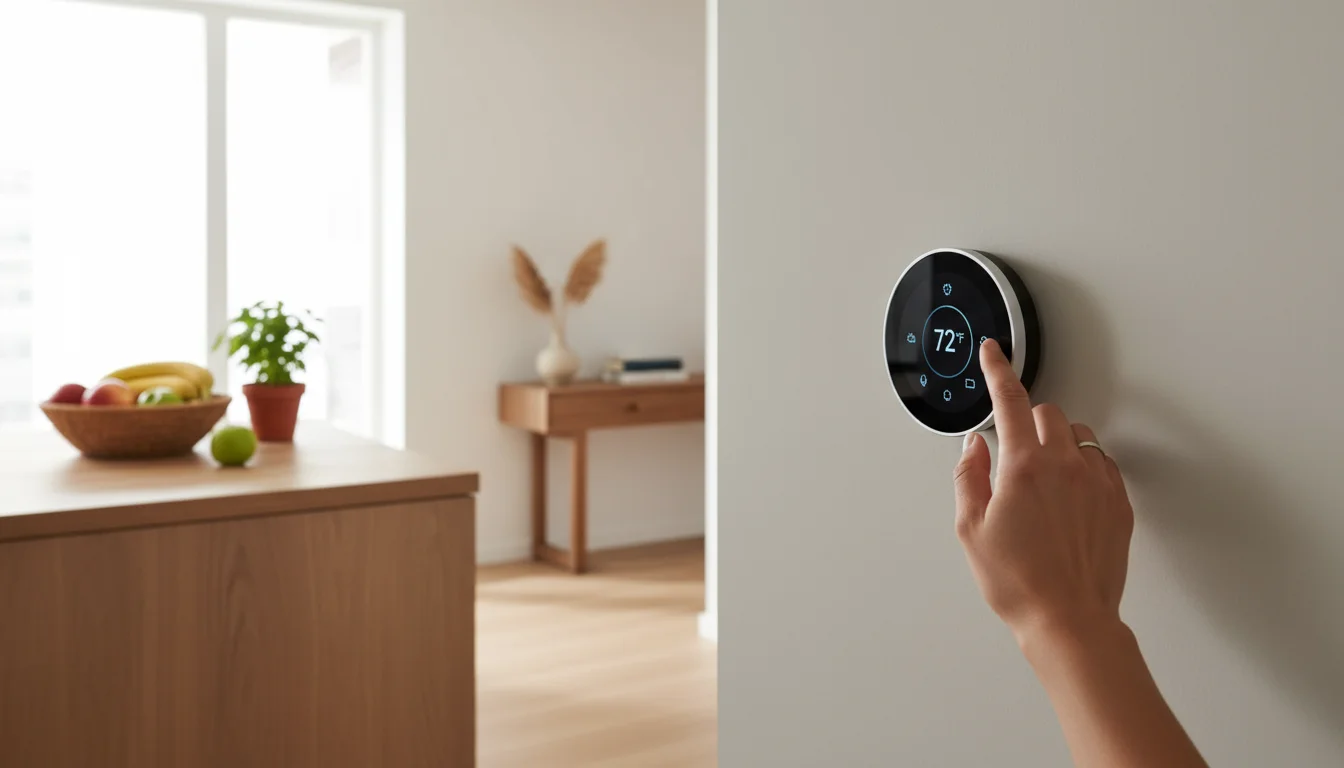 A smart thermostat on a light gray wall, with a hand adjusting its screen, in a bright kitchen-hallway setting with fruit and a potted herb plant.