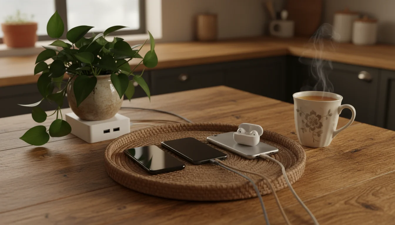 Smartphones and wireless earbuds charging neatly on a small woven tray on a wooden kitchen counter, away from the bedroom.
