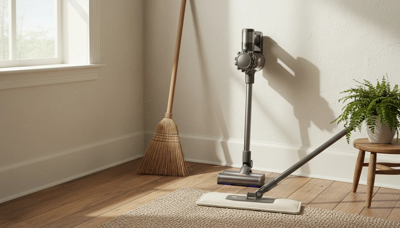A soft-bristle broom, a vacuum with a hardwood attachment, a microfiber mop, and cleaning supplies neatly arranged on a wood floor.