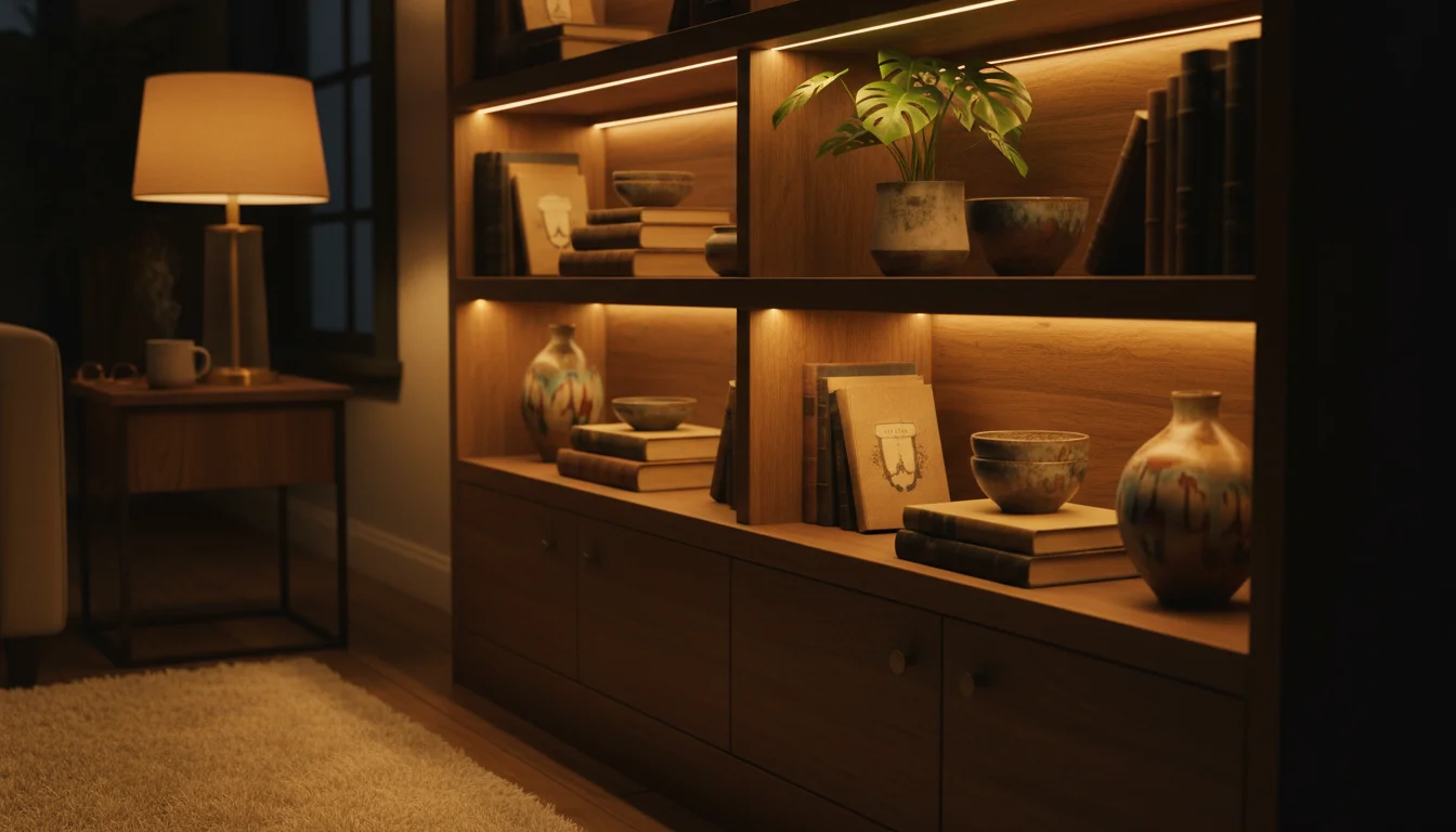 Soft LED strip lights illuminate a cozy display cabinet with books, pottery, and a plant at night. A warm table lamp glows nearby.