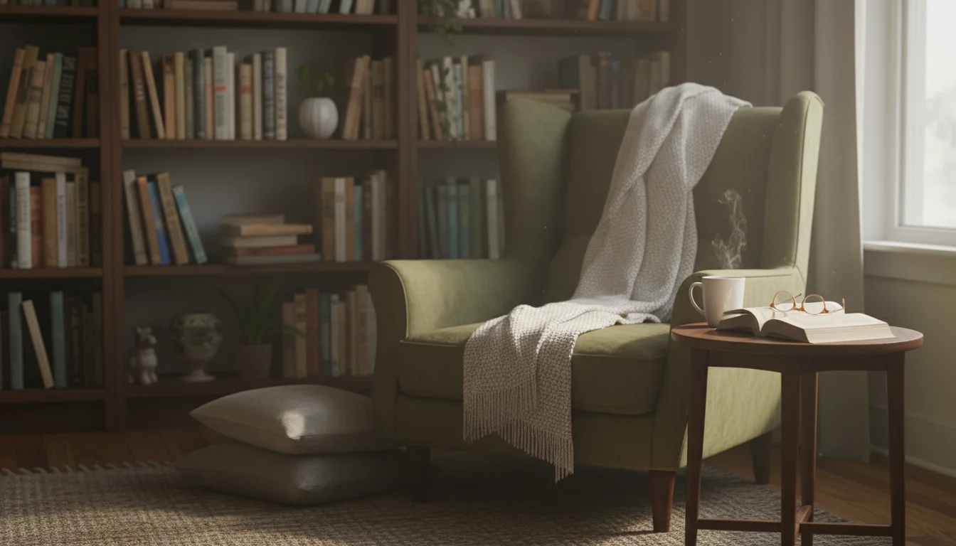 Soft morning light illuminates a cozy living room armchair with a neatly folded throw, a steaming mug, and an open book on a small side table.