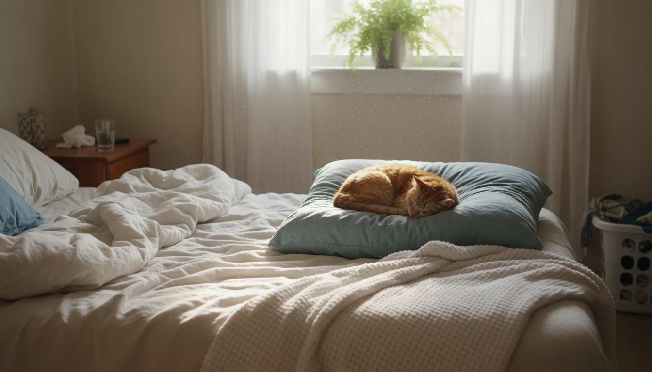 Soft morning light reveals dust motes above a rumpled bed with an orange cat sleeping on a pillow.