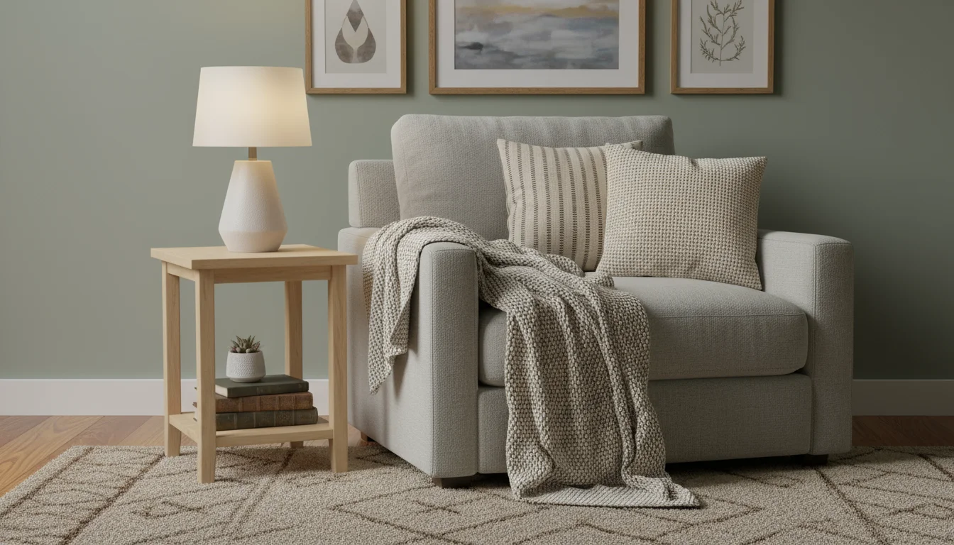 Softly lit armchair with a chunky knit throw, textured pillows, a ceramic lamp on a wood table, and a woven basket.