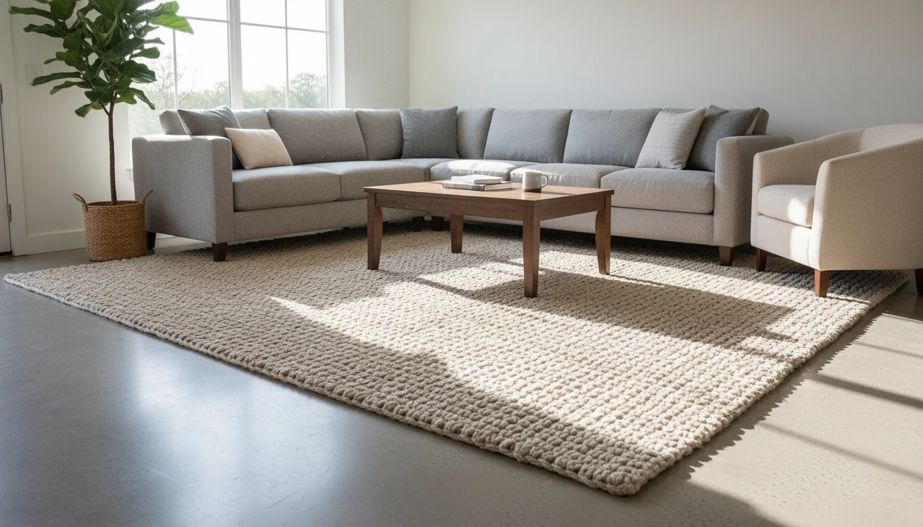 A spacious living room featuring a large light beige area rug anchoring a gray sectional sofa and cream armchair, with their front legs on the rug. A 