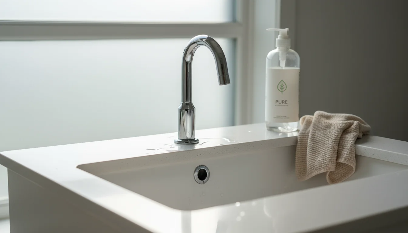 Sparkling bathroom sink with polished chrome faucet, an eco-friendly cleaner bottle, and a folded cleaning cloth on a white counter.