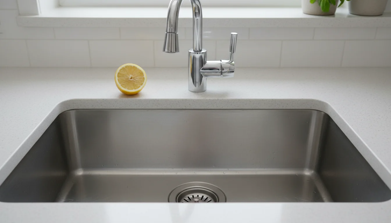 A sparkling clean stainless steel kitchen sink with a gleaming chrome faucet. A yellow lemon half sits on the sink rim above the disposal.