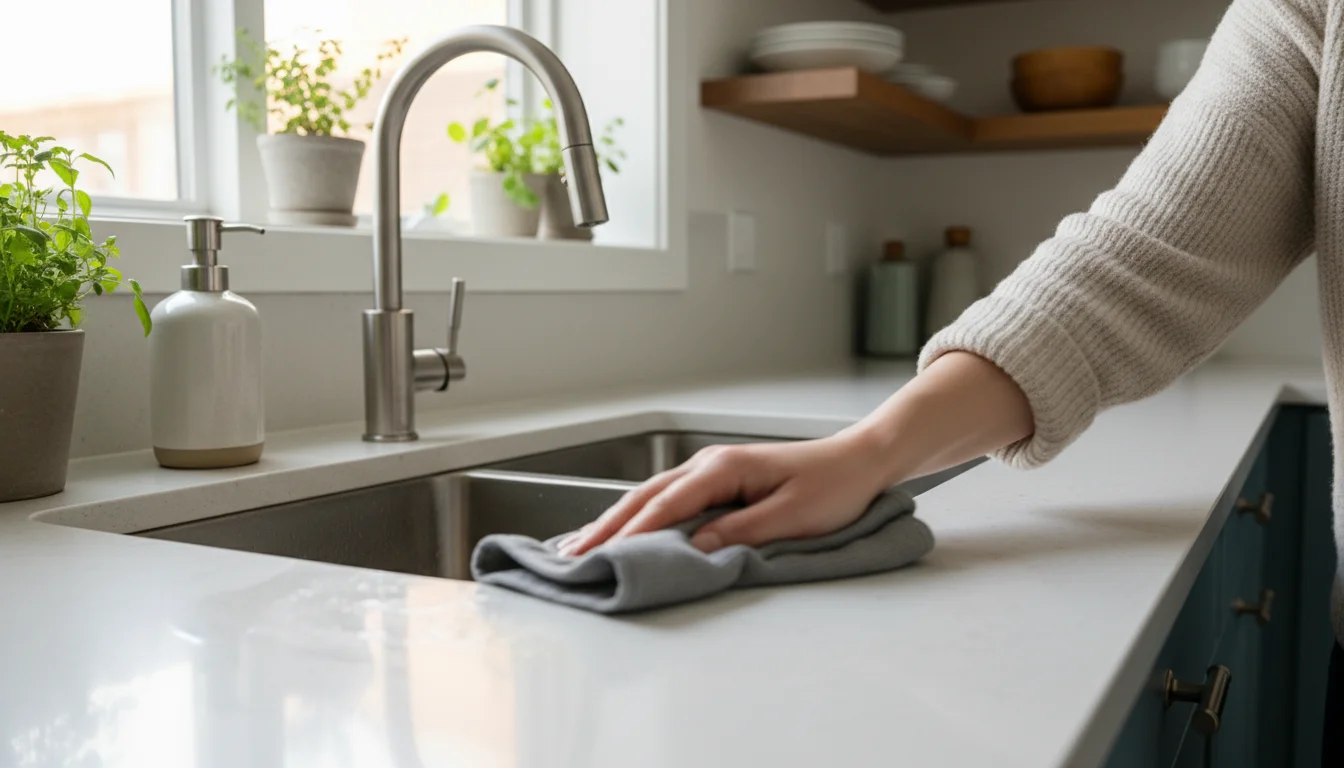 A sparkling kitchen sink with a hand swiftly wiping the clear countertop with a gray microfiber cloth in a cozy kitchen.