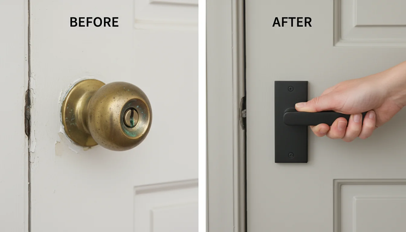 A split image showing an old, tarnished brass doorknob next to a new, sleek matte black door lever on a refreshed door.
