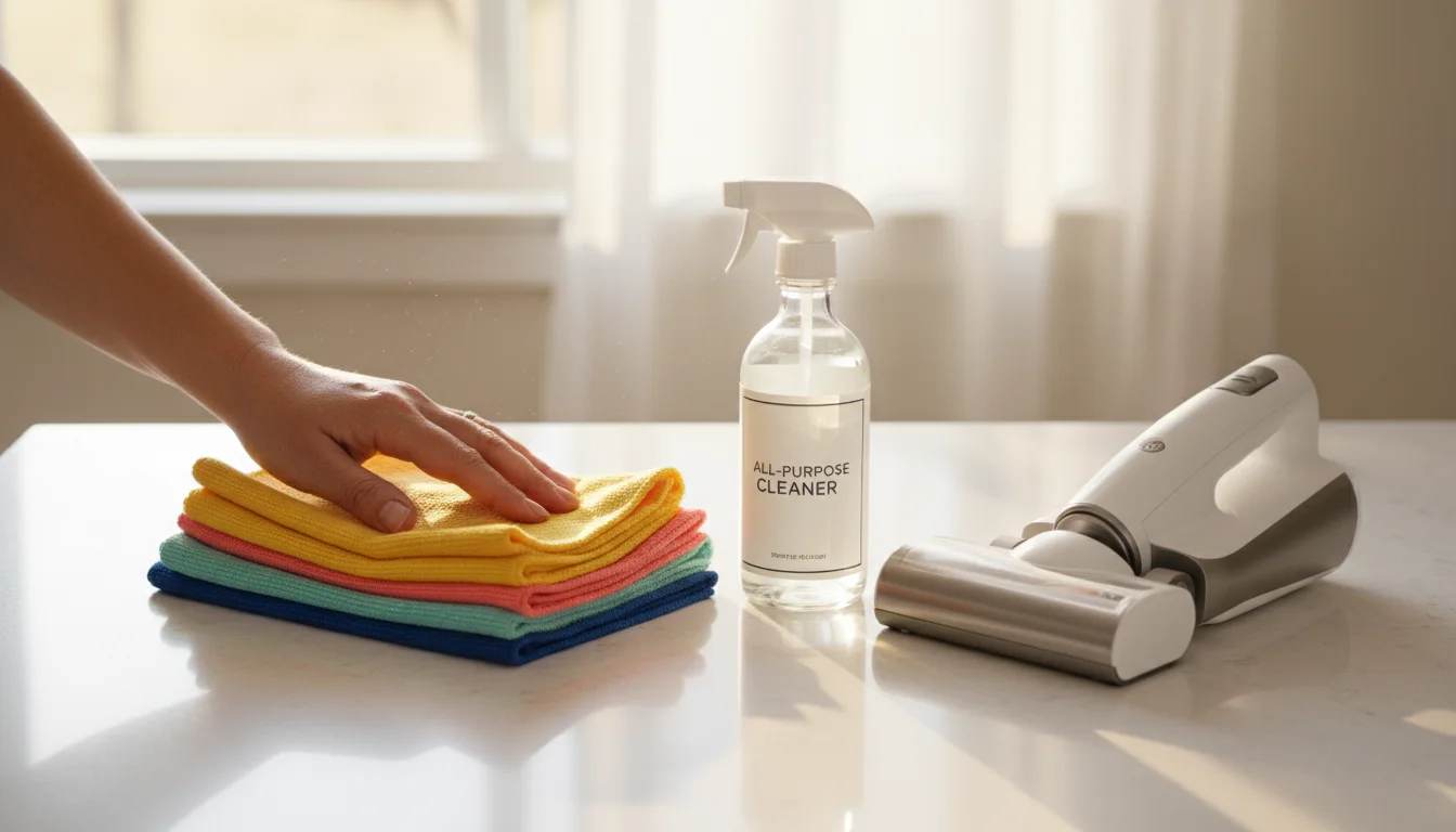 A clear spray bottle, colorful microfiber cloths, and a handheld vacuum on a kitchen counter. A hand adjusts a cloth.