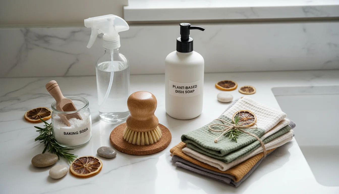 A clear spray bottle, eco-friendly dish soap, and a cut lemon on a clean counter, ready for non-toxic cleaning.