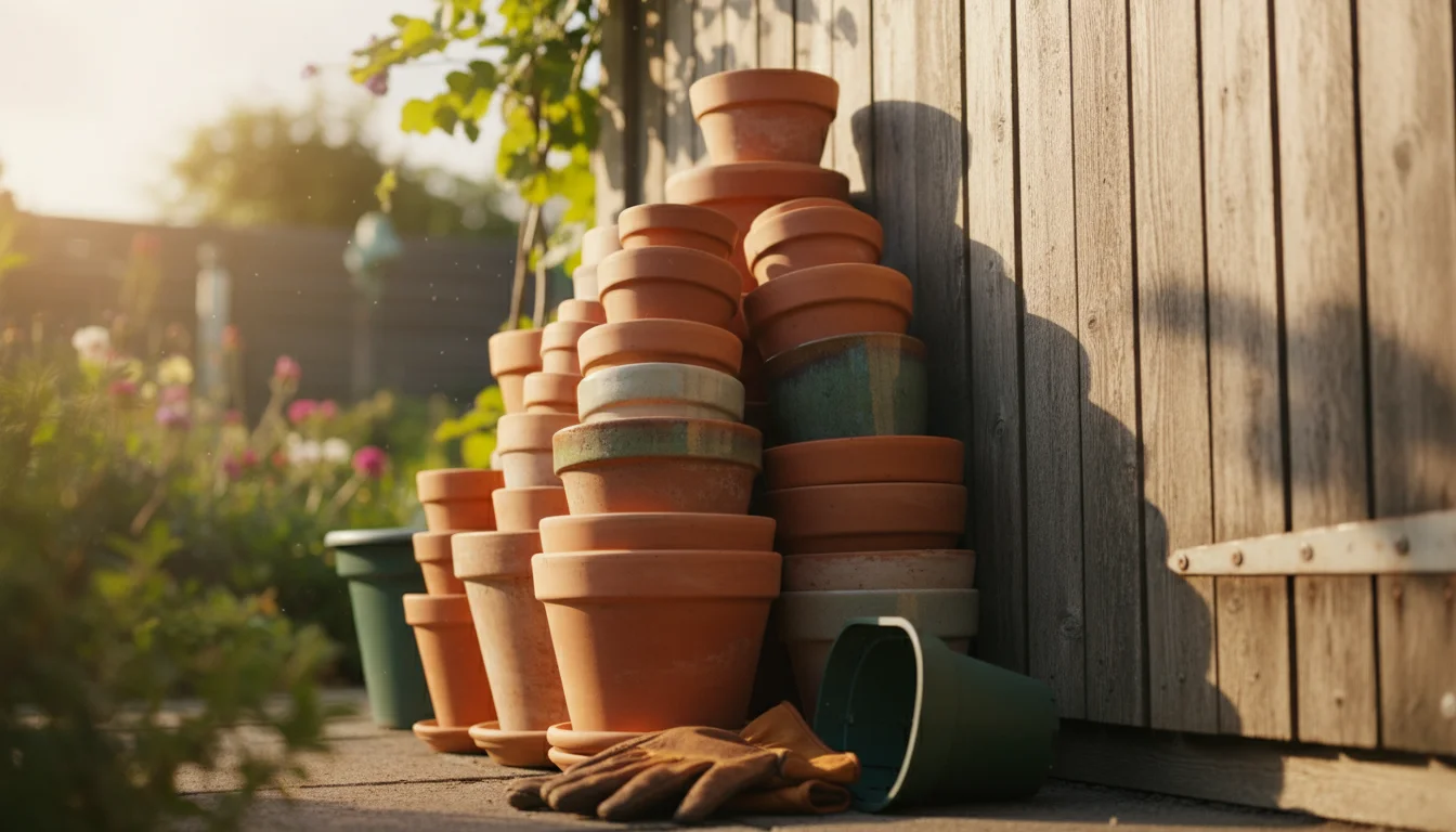 Stacked clean terracotta and ceramic pots stored upside down against a wooden shed wall in soft afternoon light, with gardening gloves nearby.