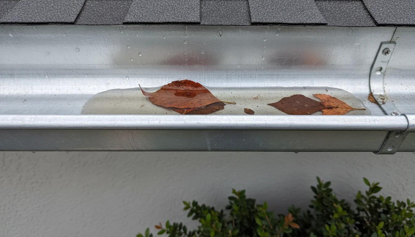 Close-up of stagnant water pooling in a residential rain gutter, with a few wet leaves trapped in it, showing improper pitch.