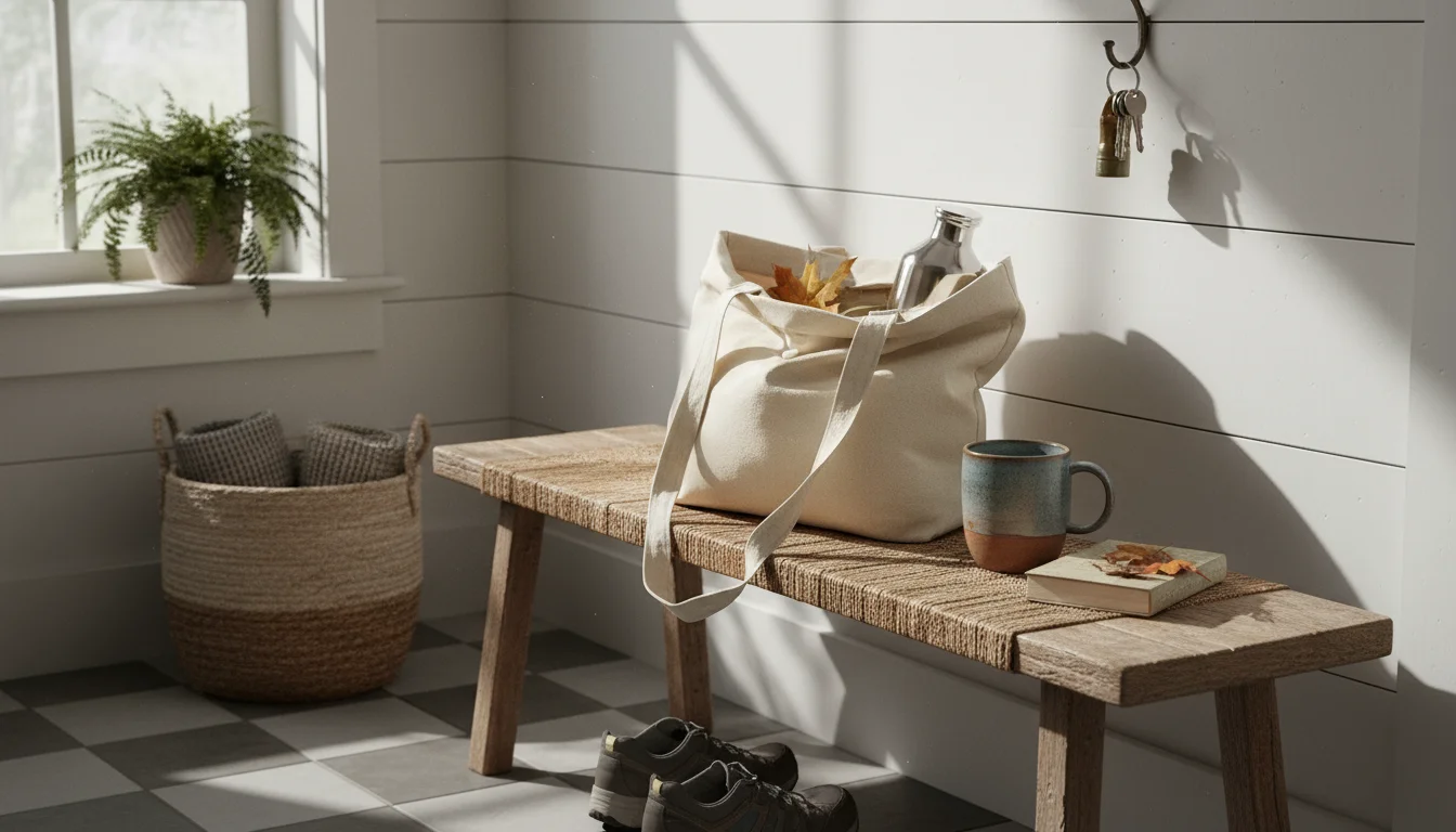 Stainless steel water bottle and ceramic travel mug in a canvas tote bag on an entryway bench, next to walking shoes and keys.