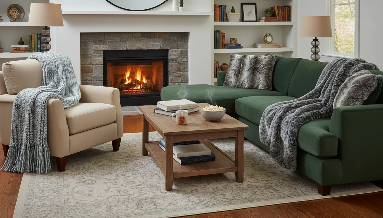 A standard beige throw blanket drapes over an armchair, while a larger gray throw generously covers a section of a deep sectional sofa.