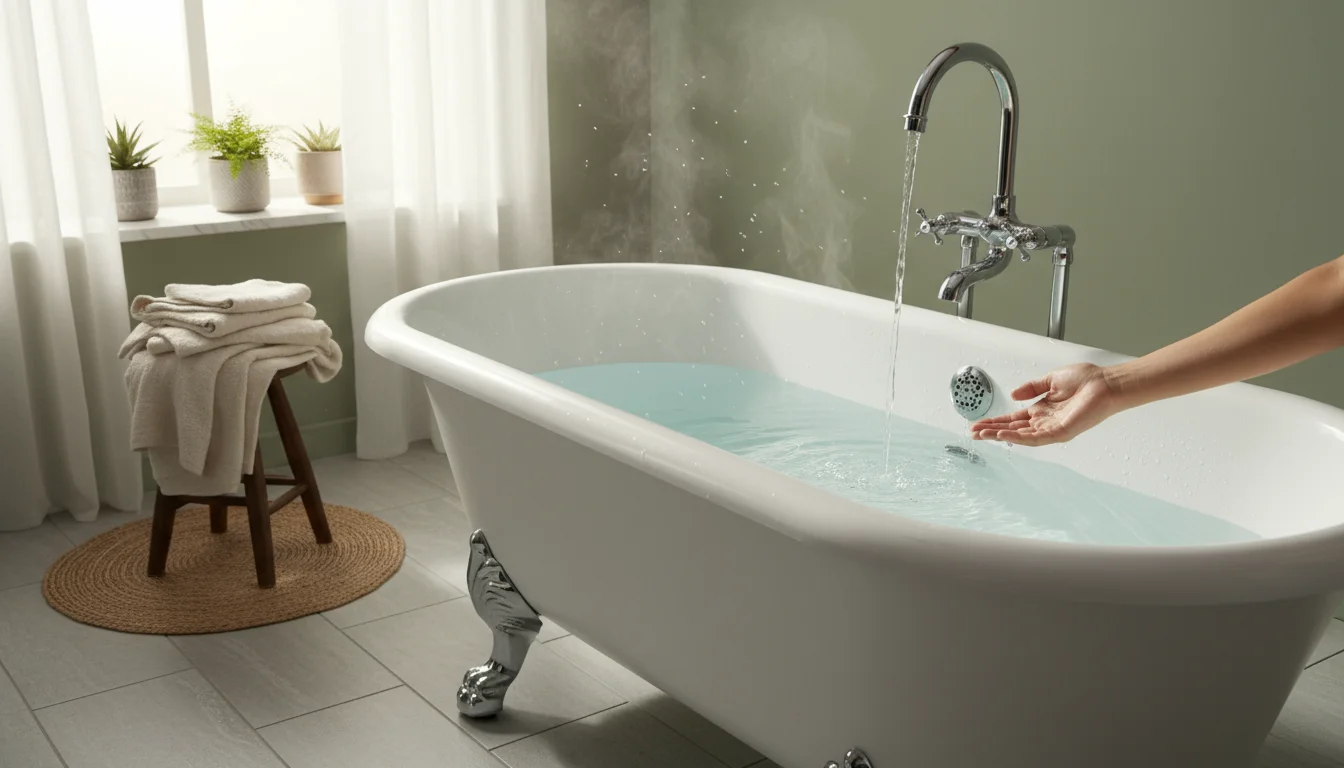 Close-up of clear, steaming hot water filling a white clawfoot bathtub, with a hand testing the water's warmth.