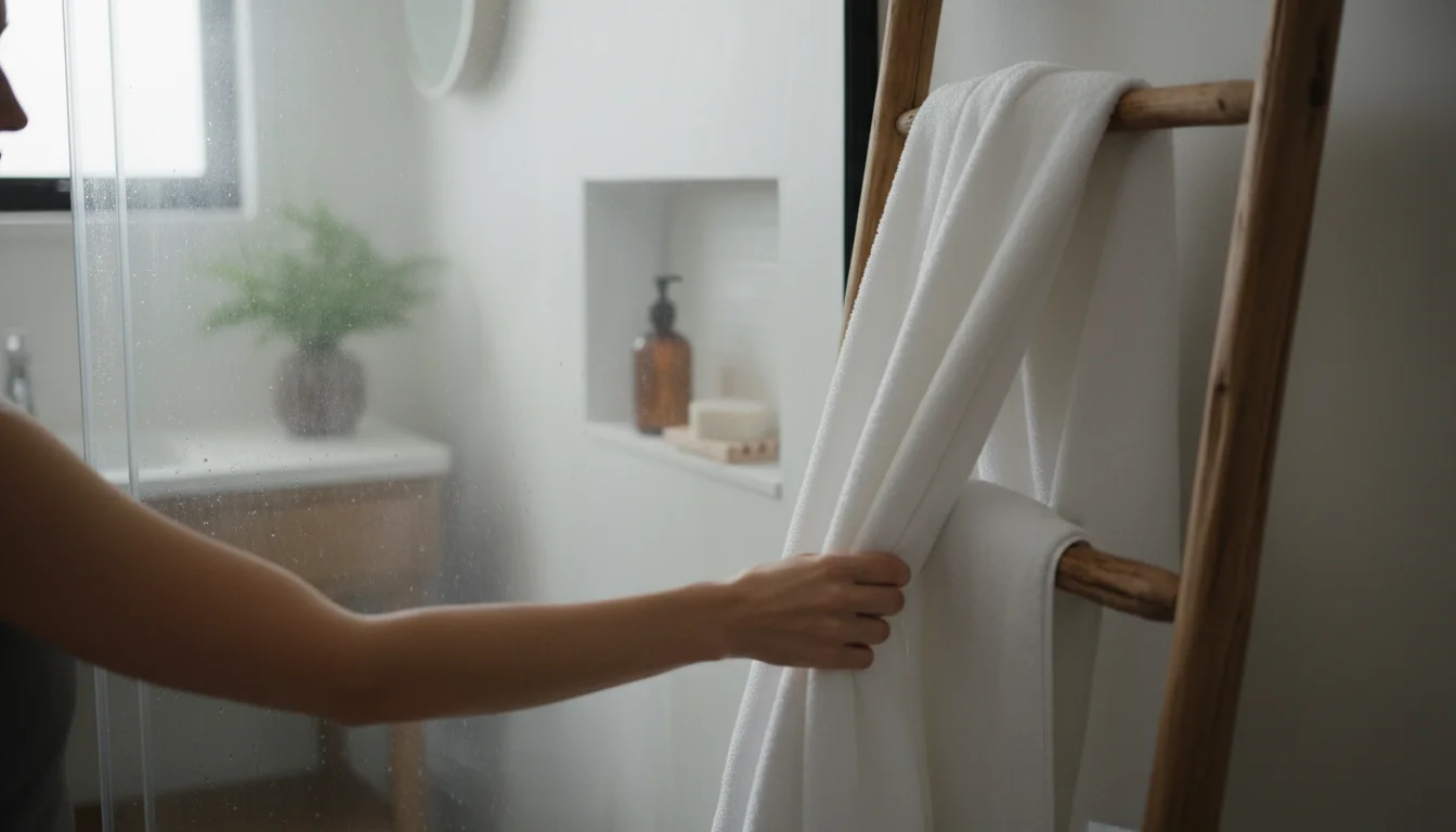 A steamy bathroom after a shower, a person's arm reaching for a towel, with a waterproof timer visible on a shower shelf.