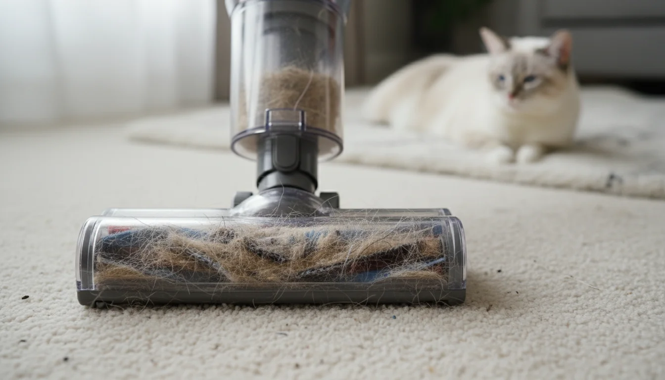 A stick vacuum cleaner's brush roll is heavily tangled with pet hair and lint, next to an overflowing dustbin on a carpet.