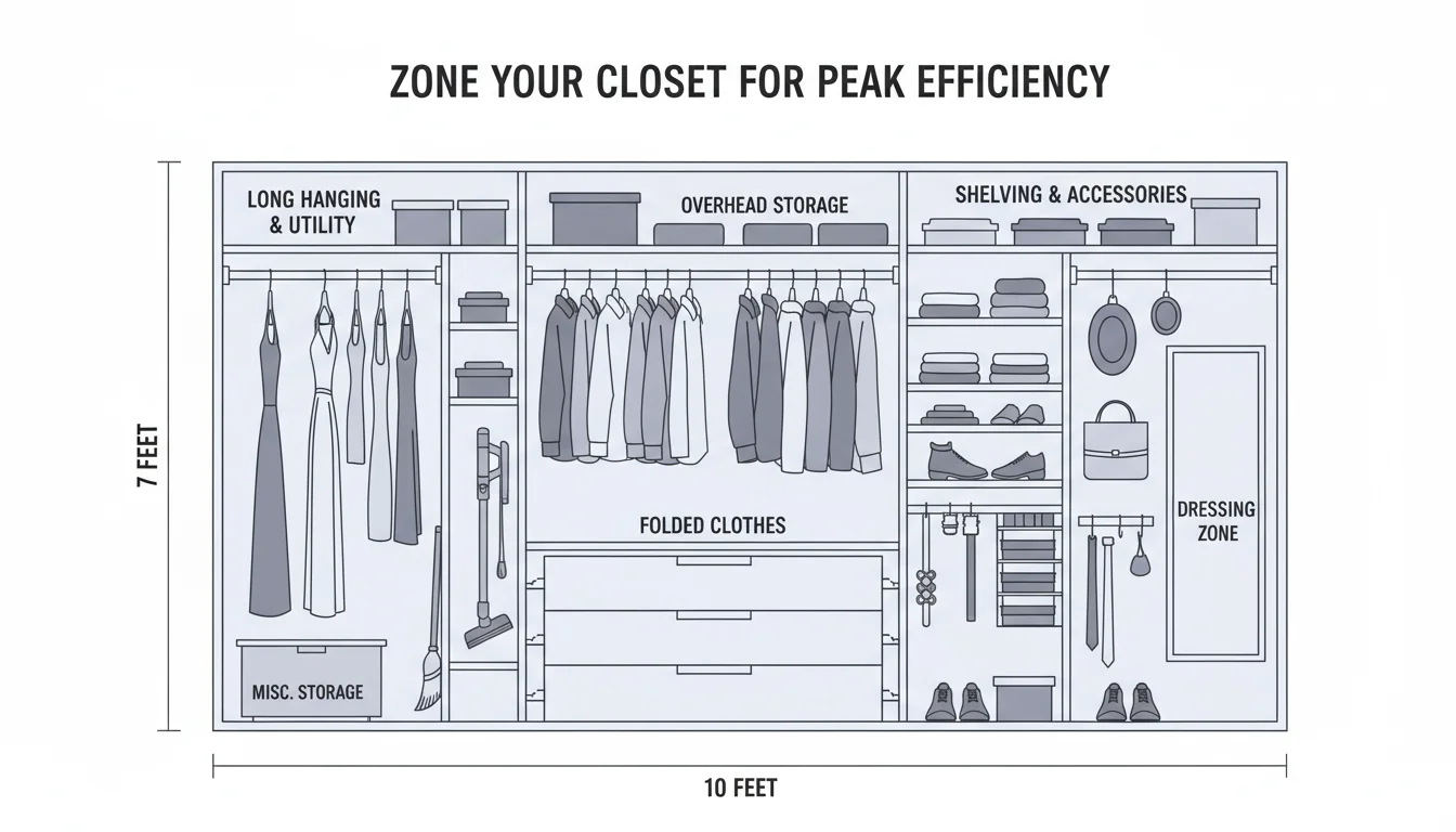 Diagram showing storage, closet with clear labels.
