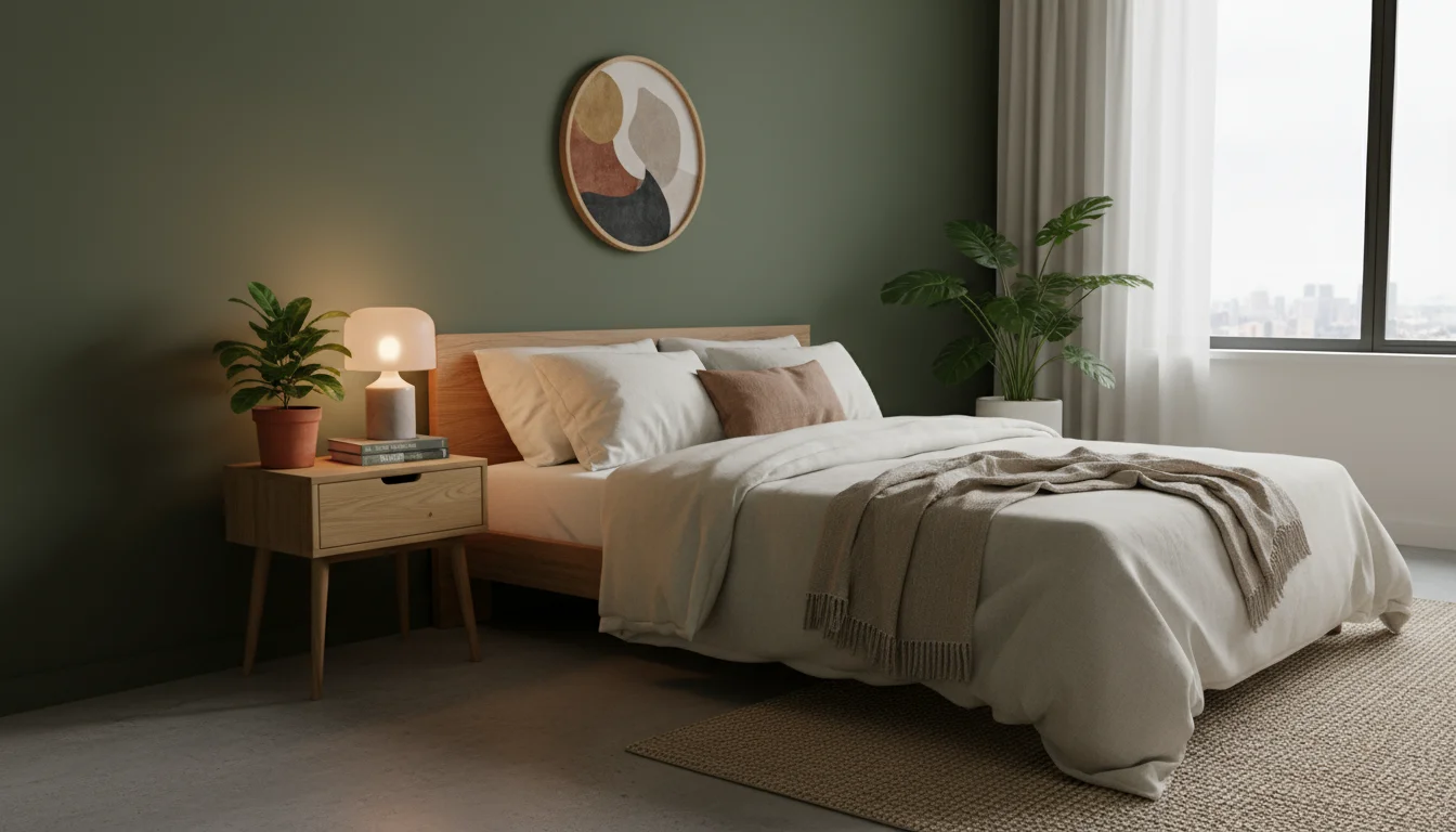 A studio apartment's bedroom corner featuring a deep olive green accent wall behind a neatly made bed, with a wooden nightstand and reading lamp.