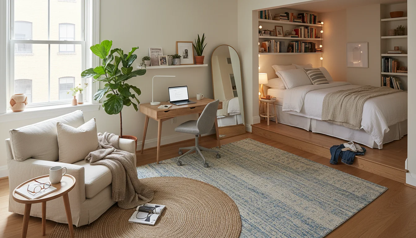Elevated view of a studio apartment showing a cozy reading nook transitioning to a compact, organized work-from-home desk area, with a bed alcove beyo