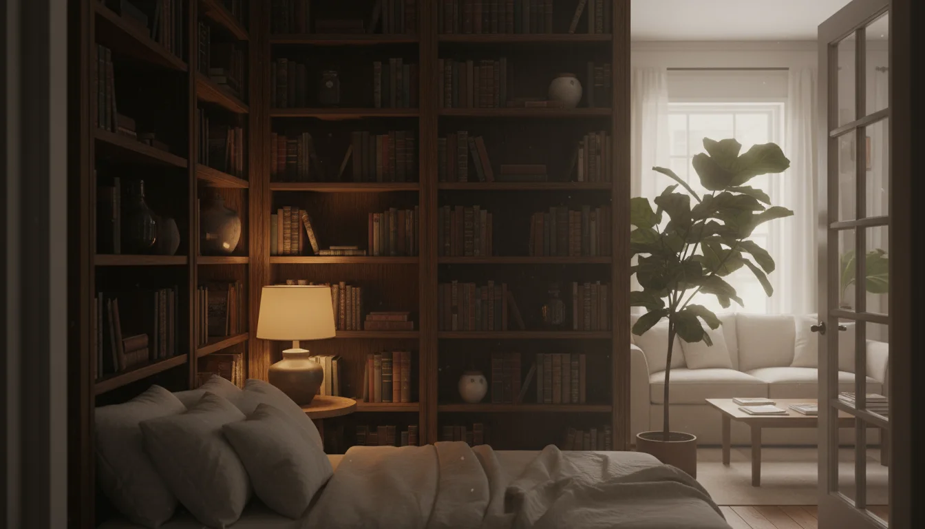 A studio apartment's dark bedroom corner created by a tall, solid wood divider, with a lamp lit and a drooping plant.