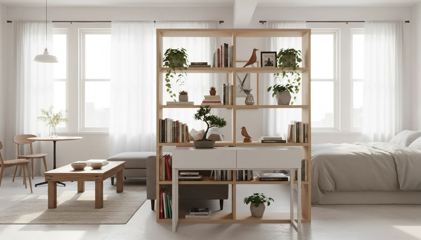 A studio apartment divided by a light wood open-backed bookshelf, with sheer curtains on a window and a round mirror reflecting natural light.