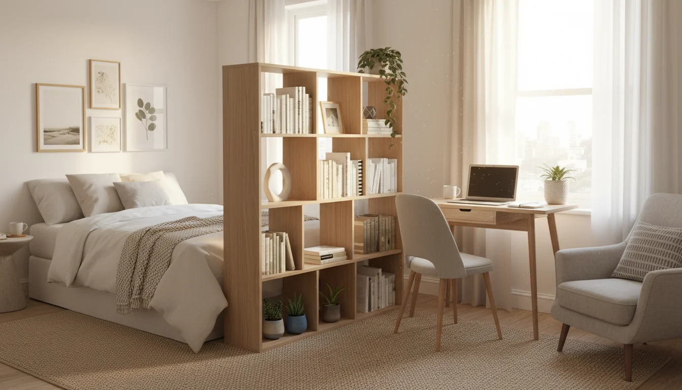 A studio apartment divided by an open-shelf bookcase. One side features a neatly made bed, the other a small desk and armchair.