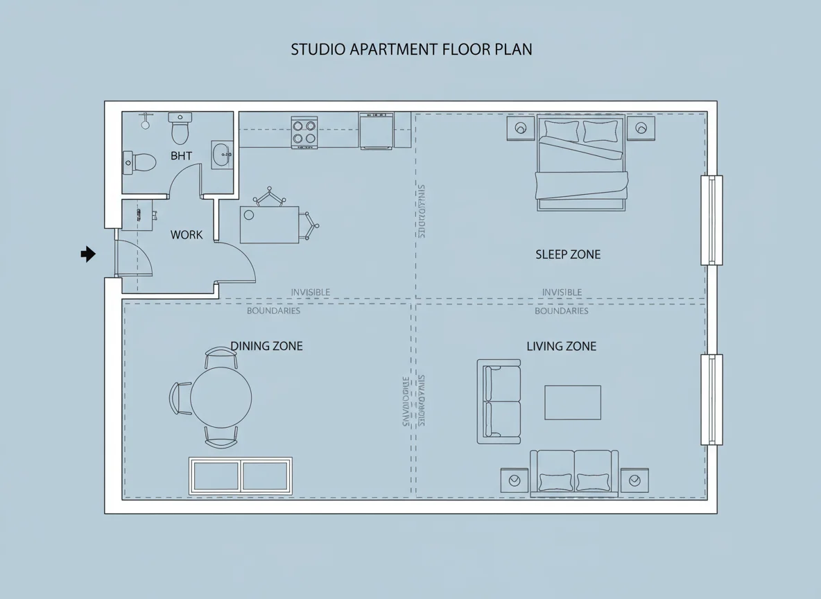Top-down studio apartment layout diagram showing defined sleep, living, dining, and work zones with a bookshelf room divider.